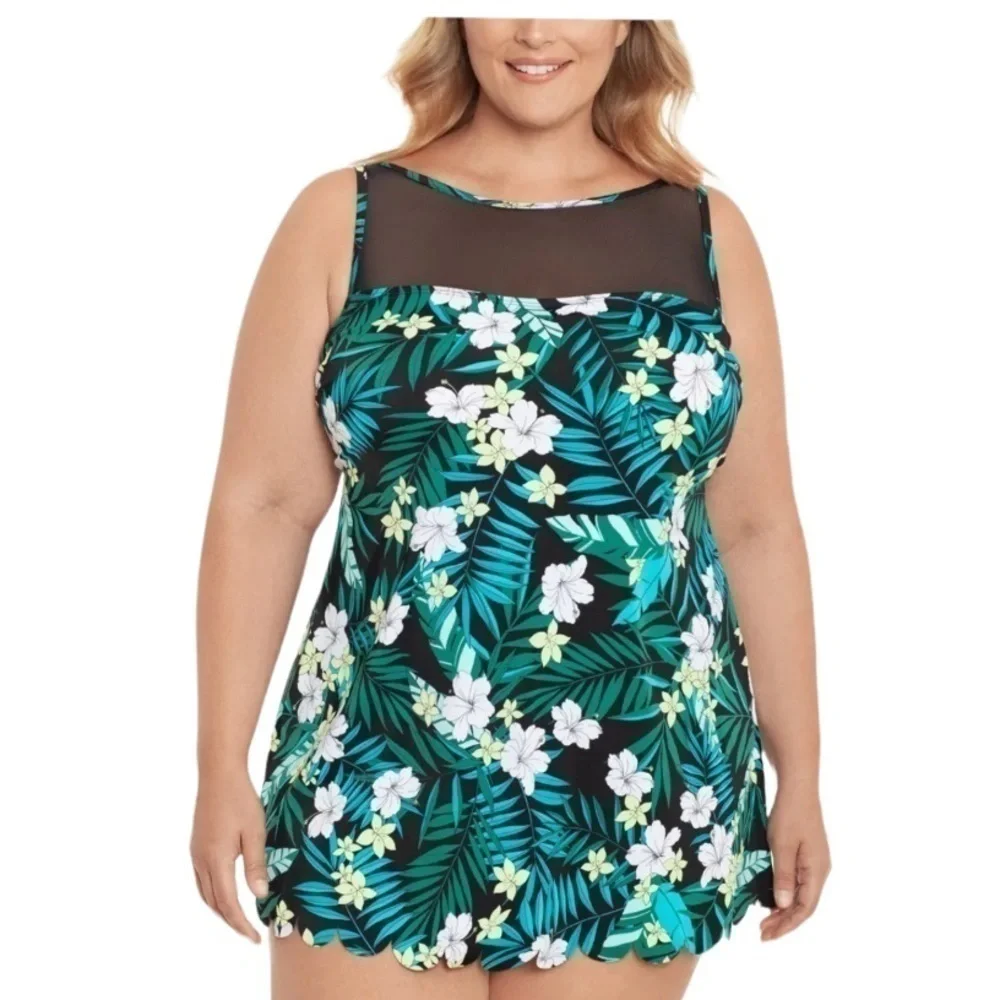 SWIM SOLUTIONS Women's Black Tropical Print High Neck Scalloped Swimdress - Picture 1 of 13